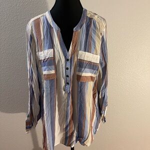 a.n.a Striped Henley Top in Blue, Cream & Brown